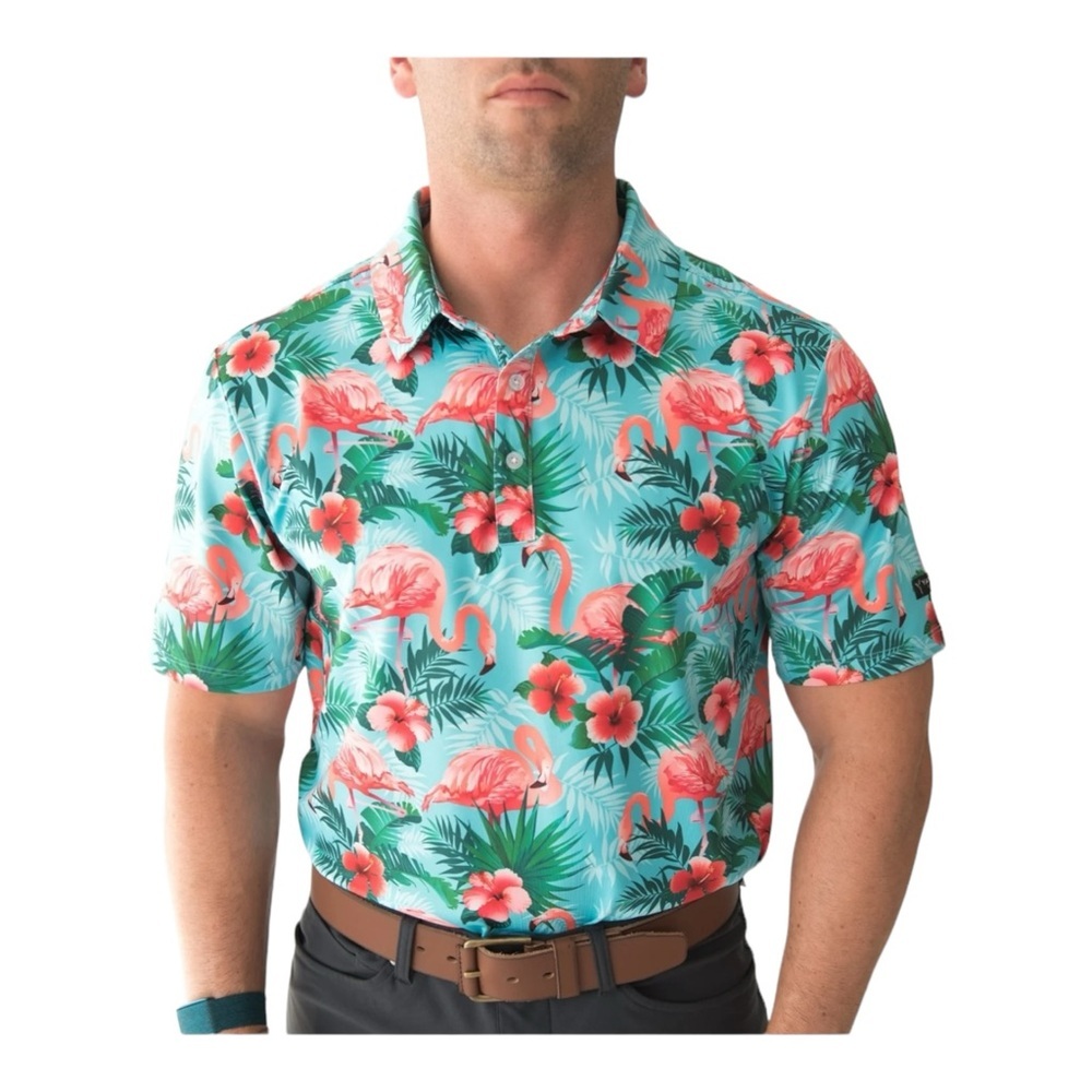 Yatta Golf Mens‎ Sz M Polo Shirt Tropical Pau Hana Flamingo Pattern New